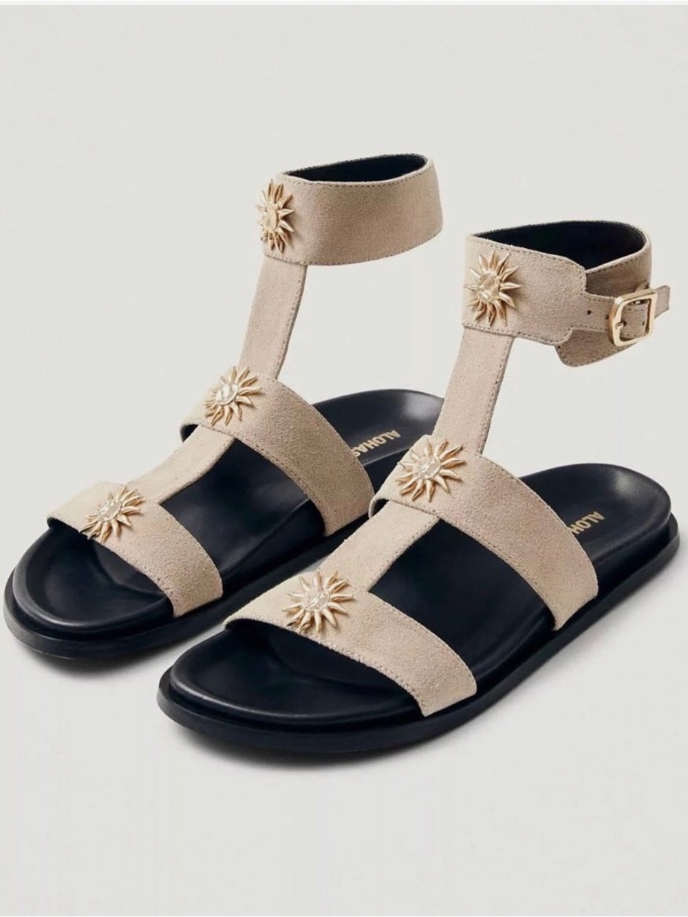ALOHAS Beige Suede Ankle-Strap Sandals with Sunburst Accents